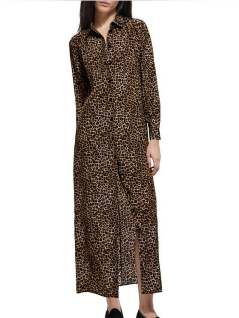 Womens The Kooples Black Taupe (Item-56) Pure Silk Leopard Print Shirtdress S